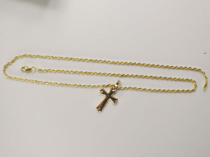 14k Real Solid Yellow Gold Super Polish Cross Pendent and Robe Necklace