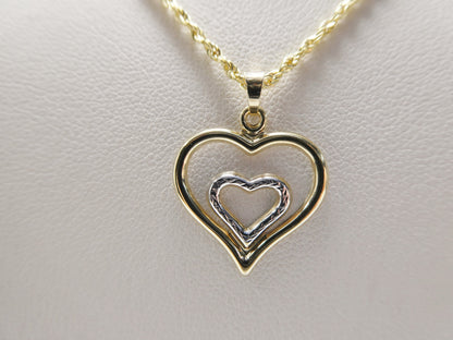 14k Real Solid Yellow Gold Two Tone Double Heart Pendent and Robe Necklace