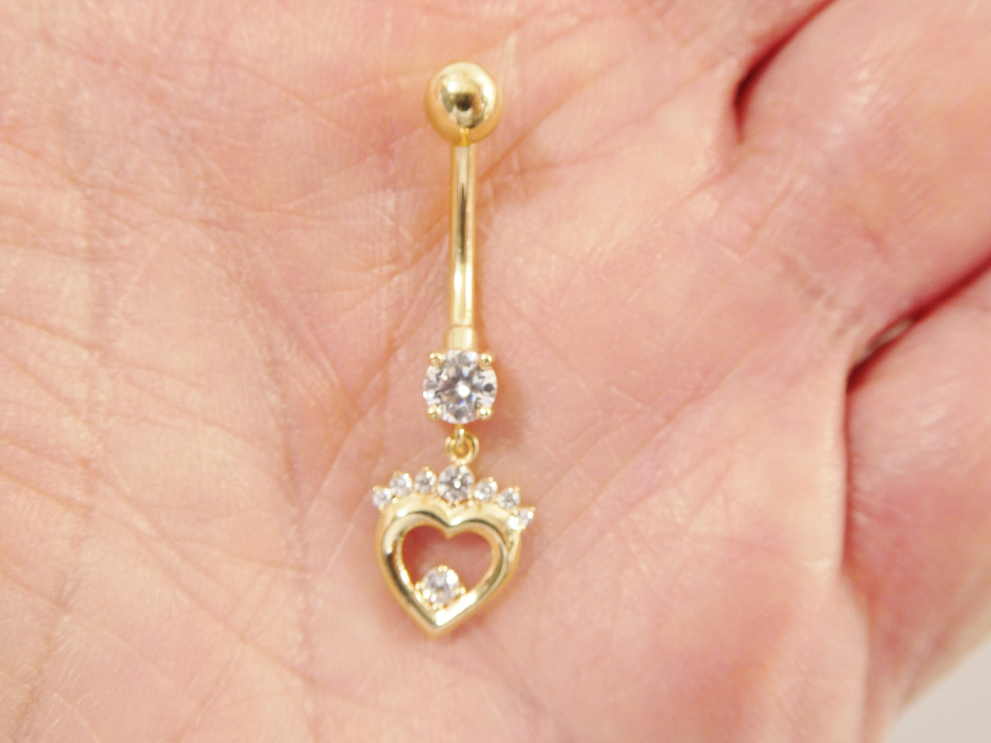 14k real solid yellow gold heart dangling belly button ring piercing