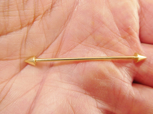 14k real solid yellow gold spike straight barbell belly button ring piercing