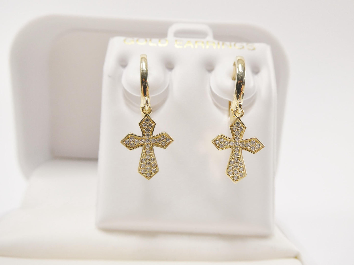 real 10k solid yellow gold cross dropping hoop huggie earrings