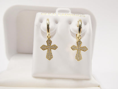 Real 10k Solid Yellow Gold Cross Dropping Hoop Huggie Earrings
