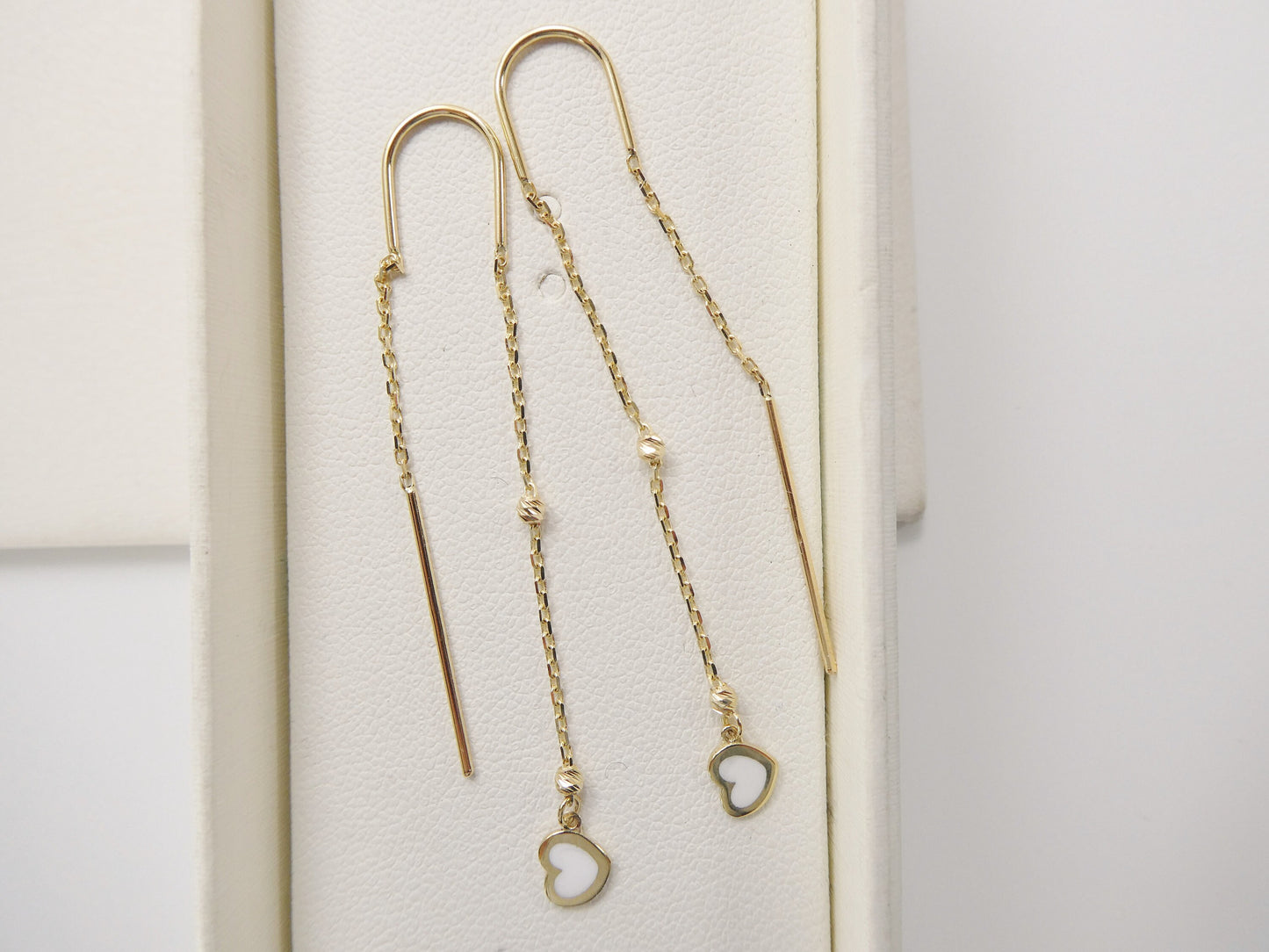 14k real solid yellow gold white heart enamel long dangling earrings