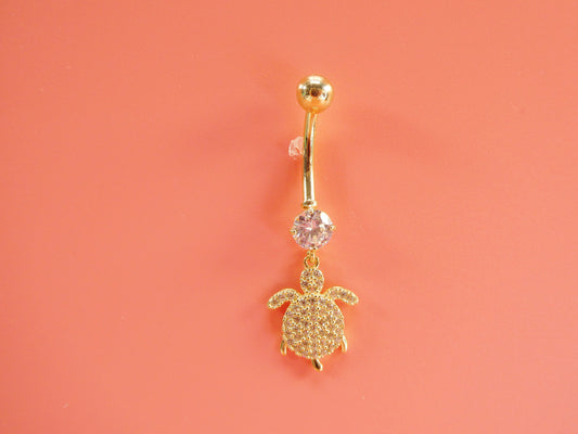 14k real solid yellow gold dangling turtle belly button ring piercing