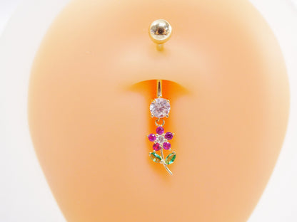 14k Real Solid Yellow Gold Color Leaf Flower Dangling Belly Button Ring Piercing