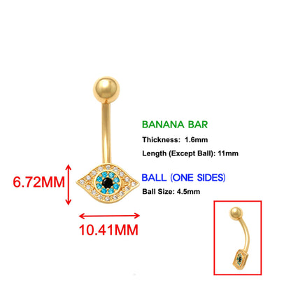 14k Real Solid Yellow Gold Evil Eye Belly Button Ring Piercing