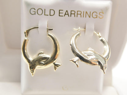 10k Real Solid Yellow Gold Dolphin Hoop Earrings