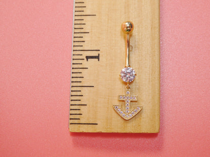14k Real Solid Yellow Gold Dangling Anchor Belly Button Ring Piercing
