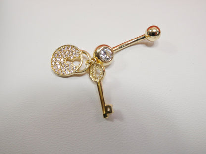 14k Real Solid Yellow Gold Dangling Lock And Key Belly Button Ring Piercing