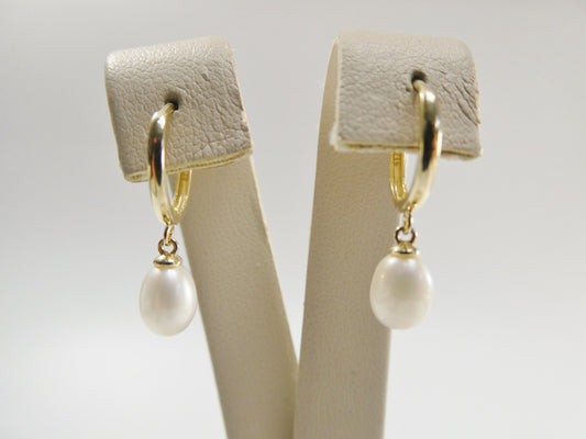 real 10k solid yellow gold dangling cultured freshwater pearl  plain hoop huggie earrings