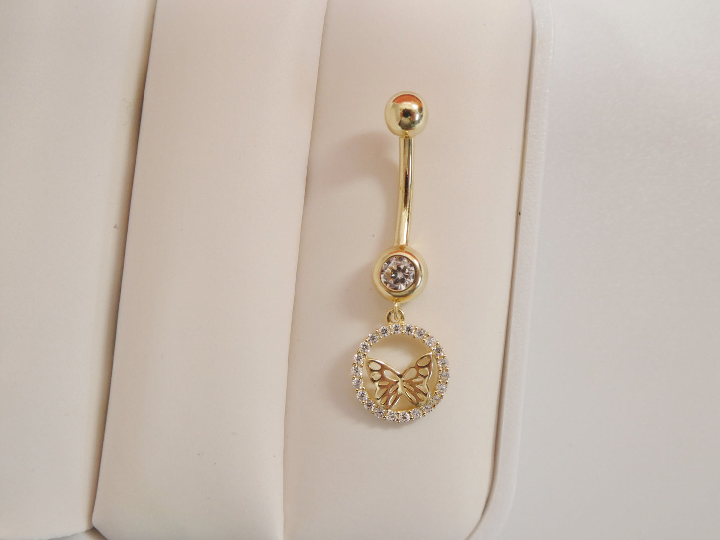 14k real solid yellow gold dangling circle butterfly belly button ring piercing