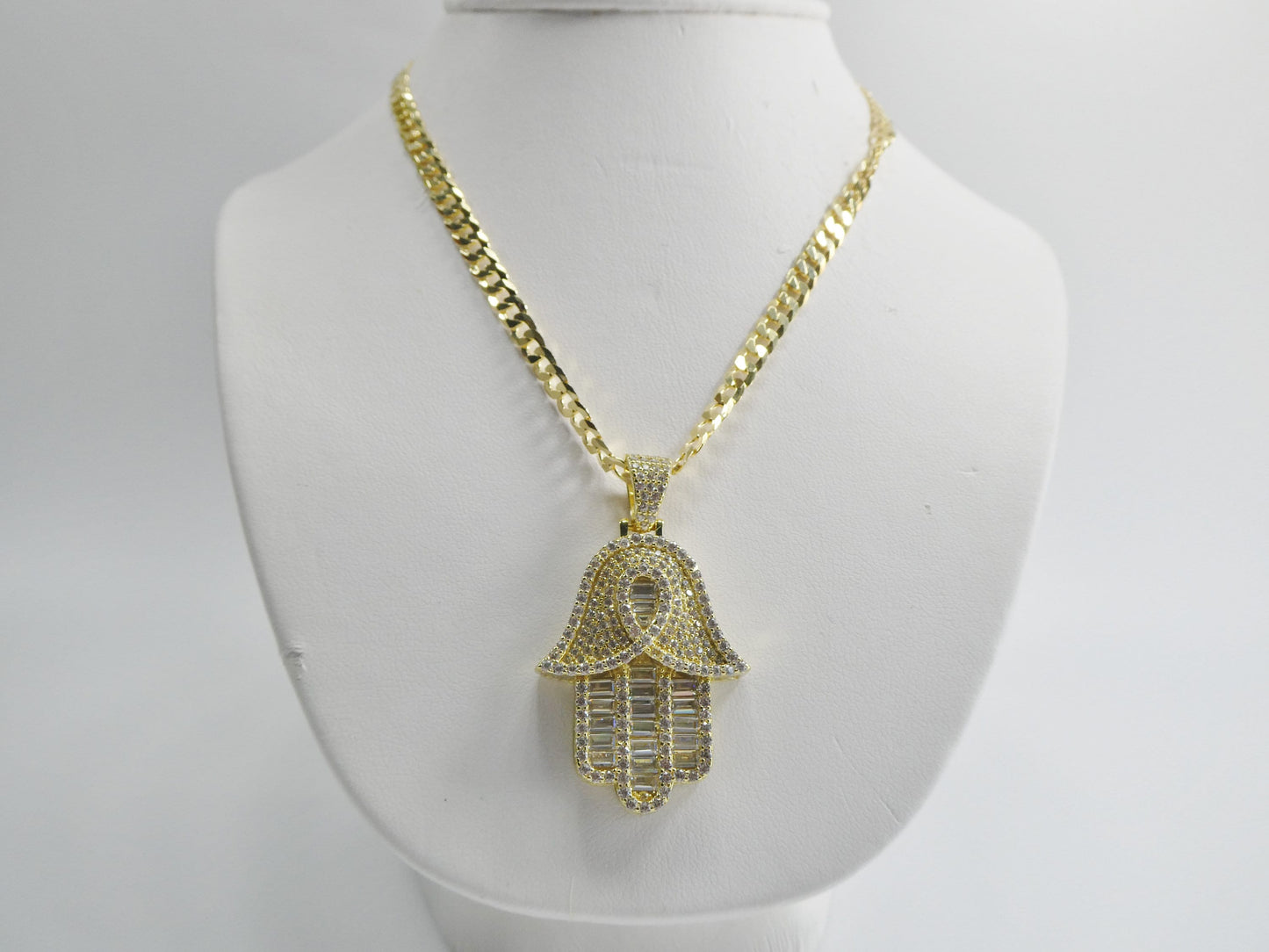 14k Gold Tone Hamsa Evil Eye Pendant: Sterling Silver Cuban Chain