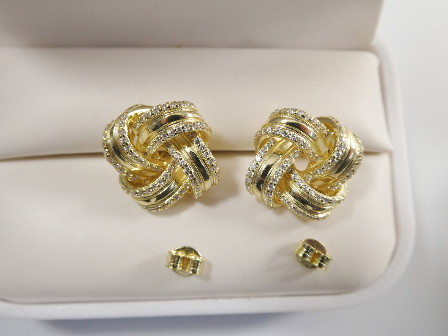 real 925 sterling silver love knot style14k yellow gold color finish push post earrings