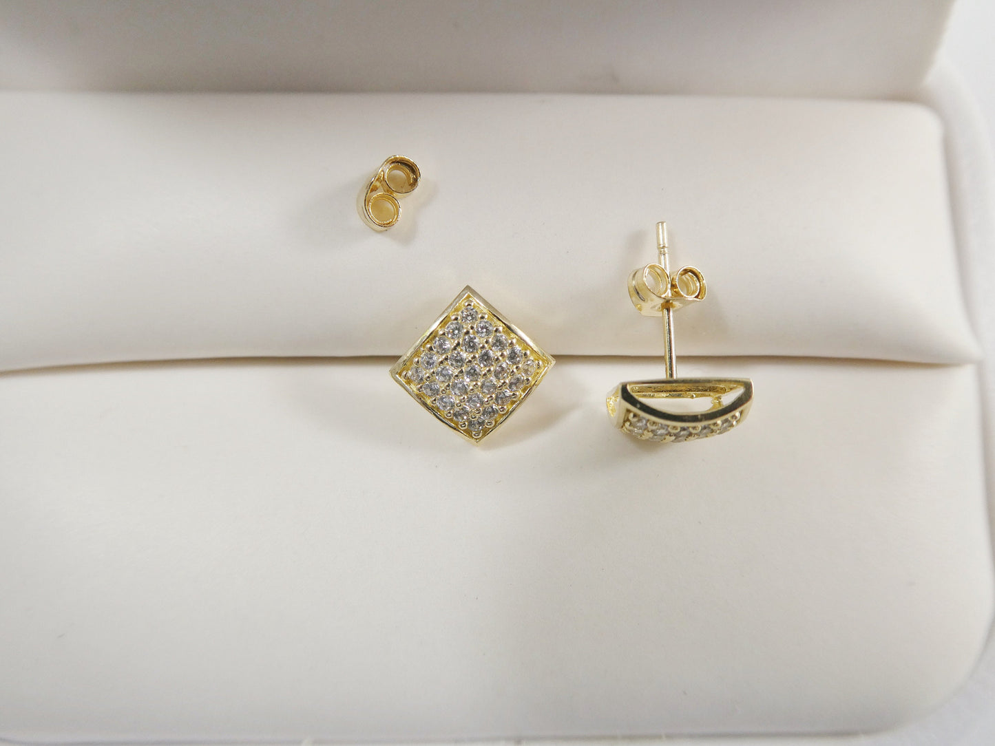 real 10k solid yellow gold puff square push post stud earring
