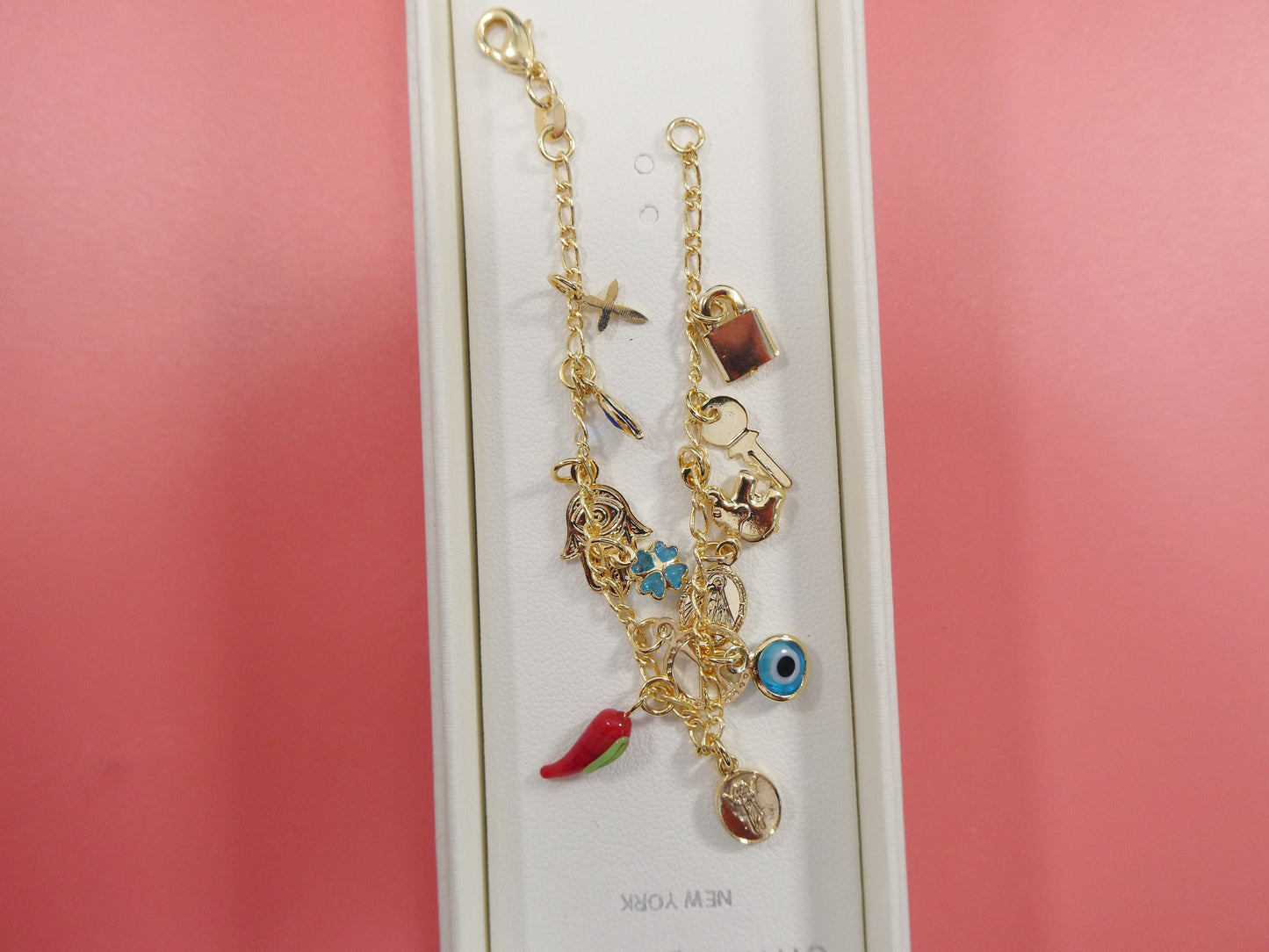 6 inch 18k gold filled multi full dangling charm Figaro style baby bracelet