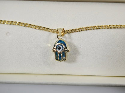 Real 14k Solid Yellow Gold 16 Inch Curb Chain and Evil Eye Pendent Charm