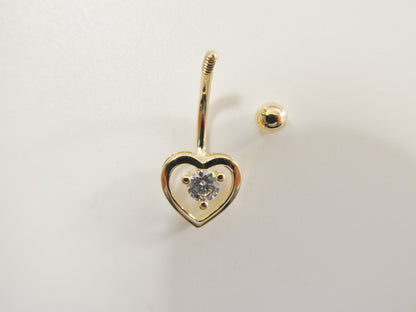 14k Real Solid Yellow Gold Heart Belly Button Ring Piercing