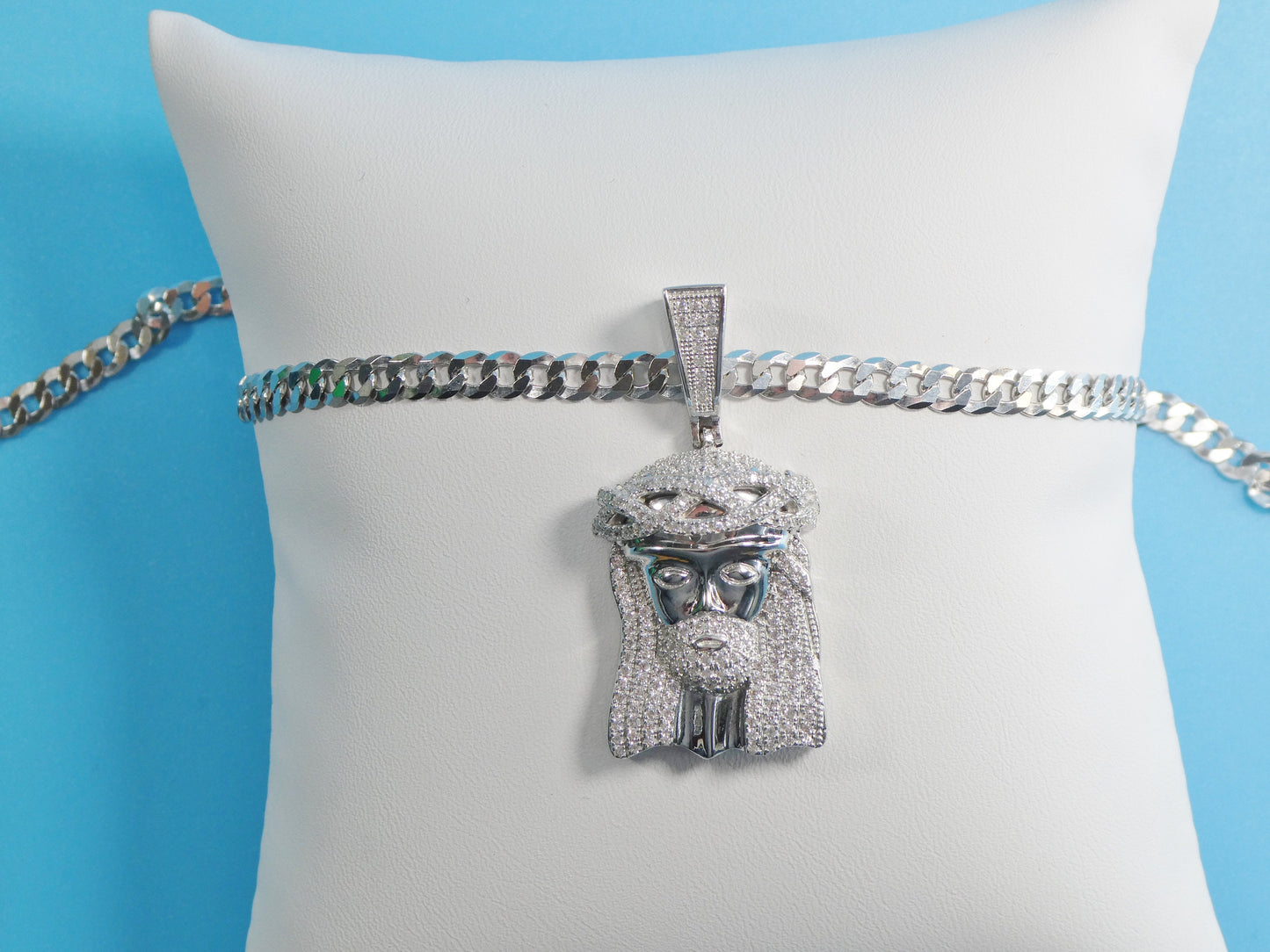 14k white gold color tone chain and large Jesus face charm pendent over real 925 sterling silver
