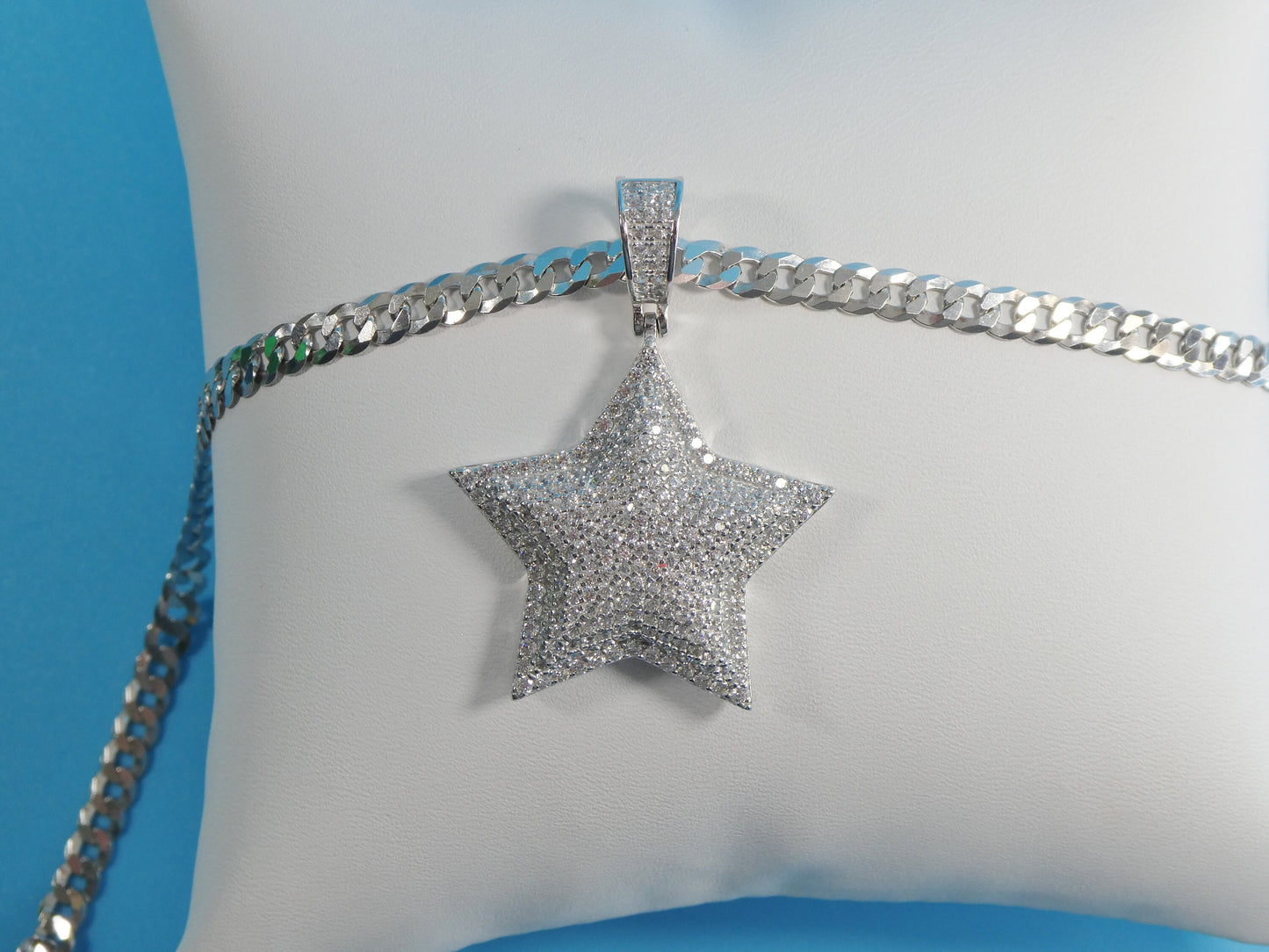 14k white gold color tone chain and large star charm pendent over real 925 sterling silver