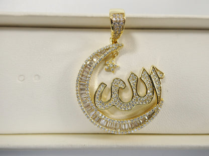 Real 925 Sterling Silver Large Muslim Allah Pendent Baguette Stone Charm