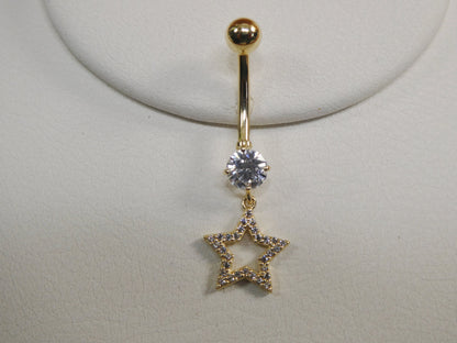 14k Real Solid Yellow Gold Dangling Star Belly Button Ring Piercing