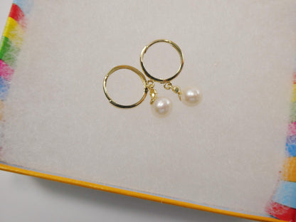 Real 10k Solid Yellow Gold Cultured Freshwater Pearl Hoop Huggie Earrings