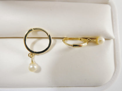 Real 10k Solid Yellow Gold Dangling Cultured Freshwater Pearl Plain Hoop Huggie Earrings