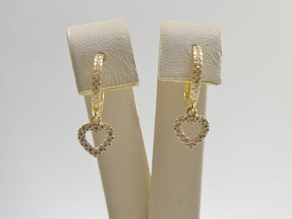 Real 10k Solid Yellow Gold Dangle Heart Full Micro Fave Setting Hoop Huggie Earrings