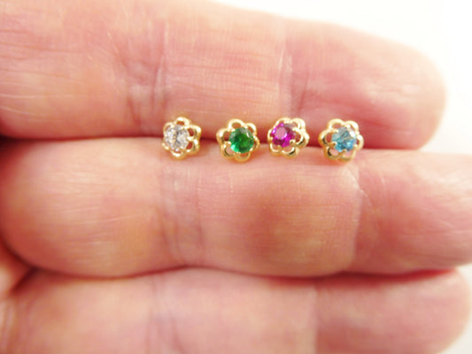 10k real solid yellow gold birthstone screw back children earrings flower shape