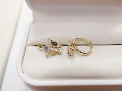 Real 10k Solid Yellow Gold Designer Butterfly Hoop Huggie Earrings