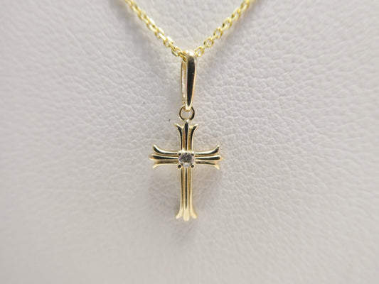 14k real solid yellow gold cross pendent and cable necklace