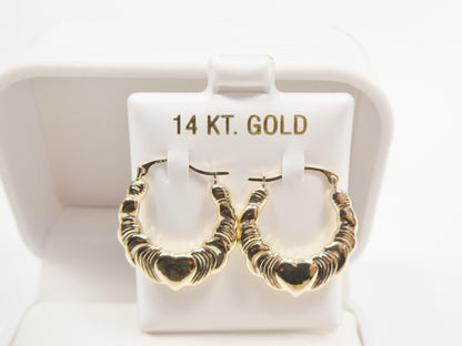 14k Real Solid Yellow Gold Small Heart Hoop Design Earrings