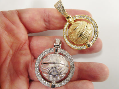 Real 925 Sterling Silver Basket Ball Charm Pendent 14k Yellow Gold Finish