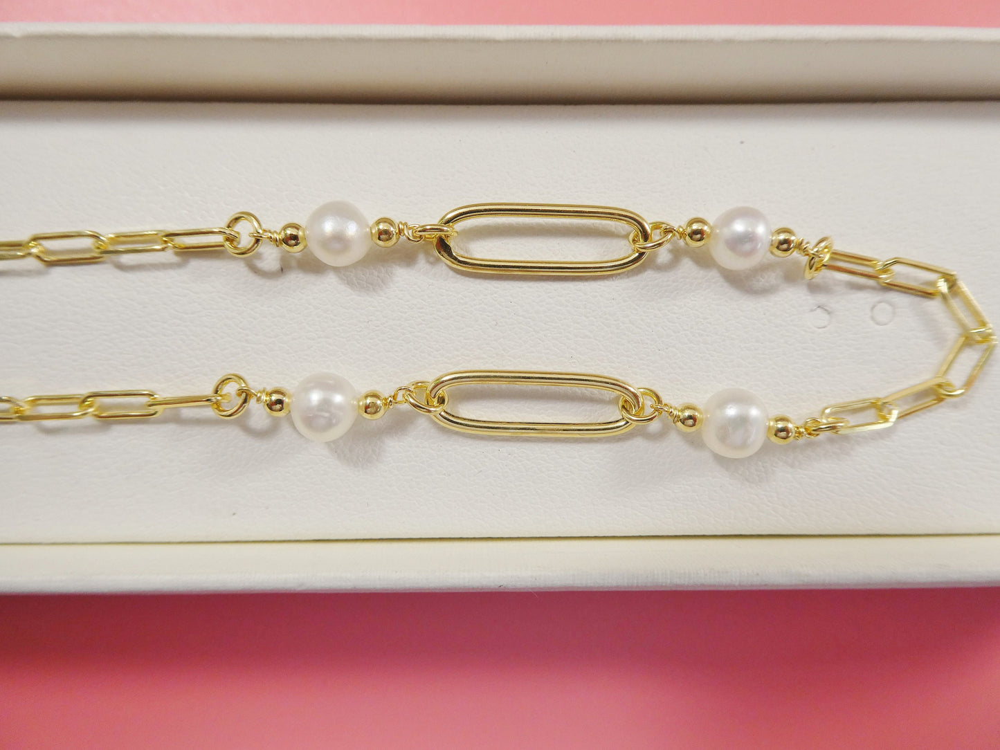 Pearl Paperclip Necklace: 14k Gold Sterling Silver Chain, 16-18 Inch