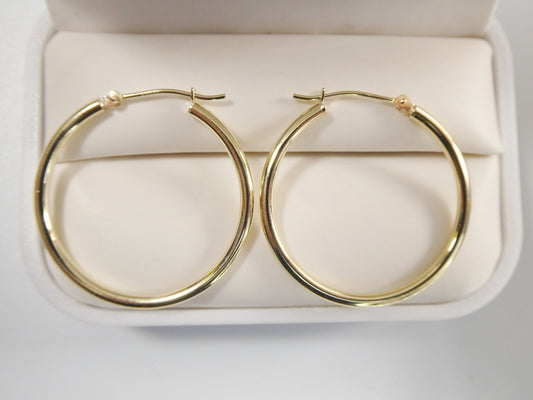 14K real solid yellow gold 2mm / 30mm round hoop earring snap closure high polish finish