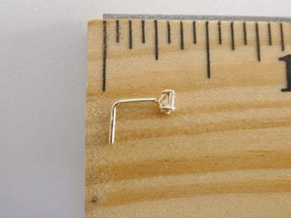 14k Real Solid Yellow Gold L SHAPE 2mm Square Stone Stud Nose Ring
