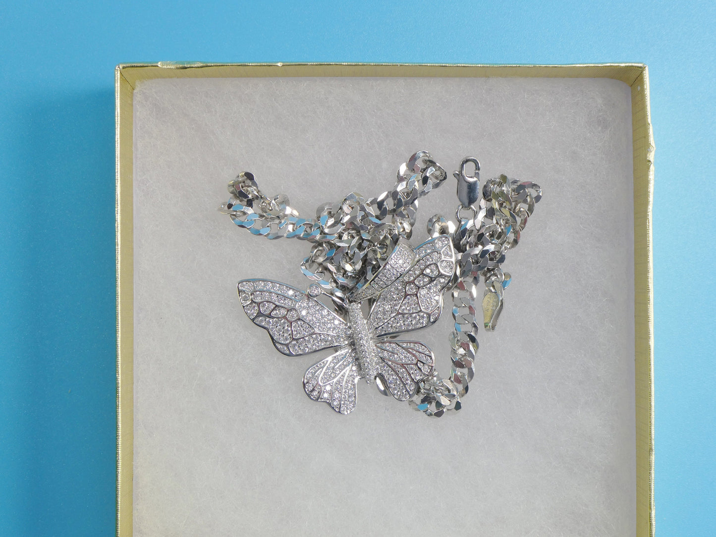14k white gold color tone chain and large butterfly charm pendent over real 925 sterling silver