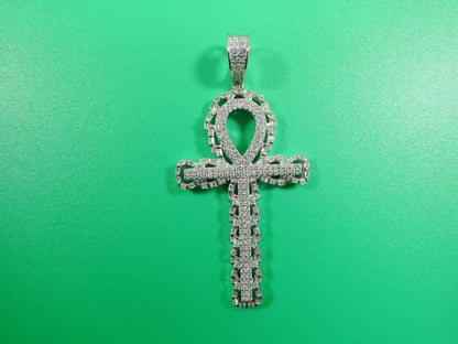 14k White Gold Color Tone Large Cross Charm Pendent Over Real 925 Sterling Silver