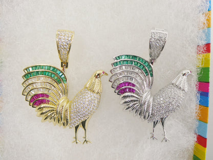Real 925 Sterling Silver Colorfully Large Rooster Pendent