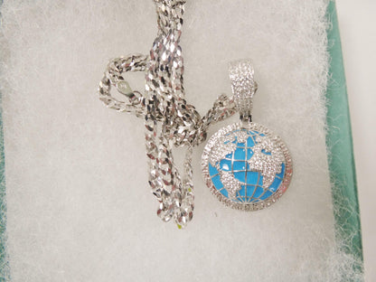 Real 925 Sterling Silver Enamel Globe Pendent Necklace