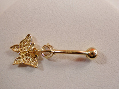 14k Real Solid Yellow Gold Dangling Butterfly Belly Vutton Ring Piercing
