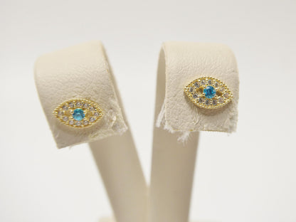 10k Real Yellow Gold Evil Eye Push Post Earrings