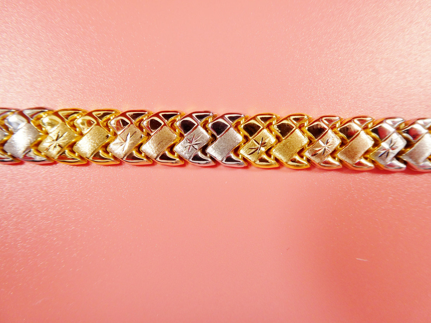 8 inch basket STAMPATO bracelet tri color tone 14k yellow gold color finish over real 925 sterling silver
