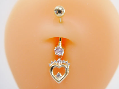 14k Real Solid Yellow Gold Heart Dangling Belly Button Ring Piercing