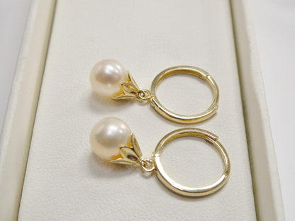 Real 10k Solid Yellow Gold Shell Cultured Freshwater Pearl Plain Hoop Huggie Earrings