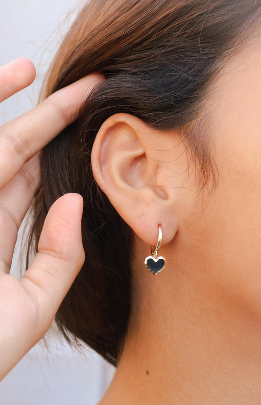 real 10k solid yellow gold black enamel heart hoop huggie earrings