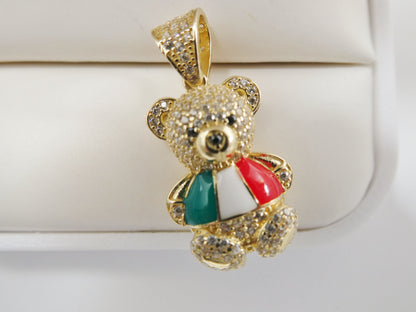 14k Real Solid Yellow Gold Mexcio Flag Teddy Bear Charm Pendent