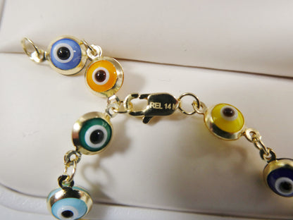 Real 14k Sold Yellow Gold 6 Inch Evil Eye Multi Color Adjustable Baby Bracelet