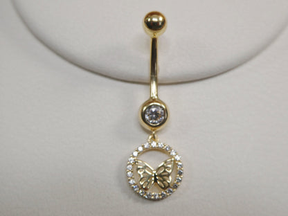 14k Real Solid Yellow Gold Dangling Circle Butterfly Belly Button Ring Piercing