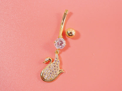 14k Real Solid Yellow Gold Dangling Duck Belly Button Ring Piercing